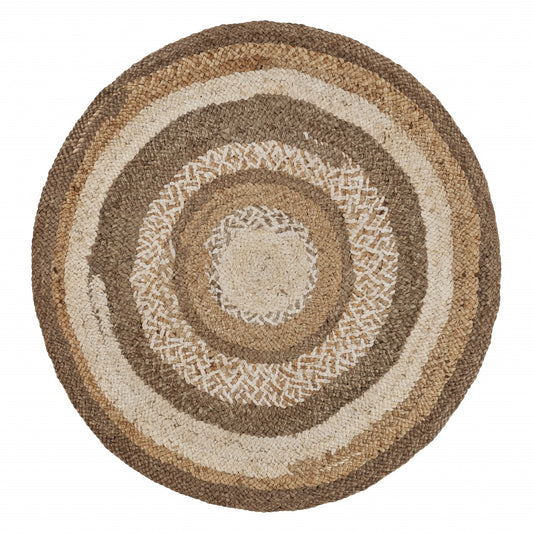 6' Beige Jute Abstract Geometric Hand Braided Round Rug-0