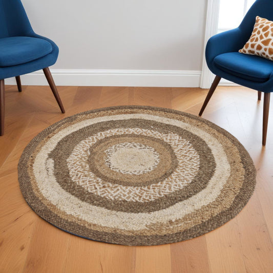 6' Beige Jute Abstract Geometric Hand Braided Round Rug-1