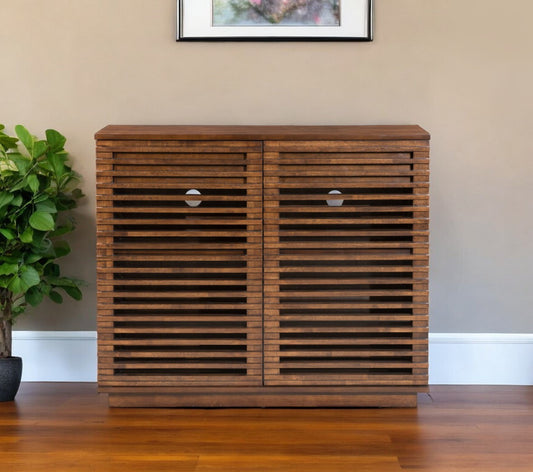 42" Walnut Wood Accent Cabinet With Three Shelves And Two Drawers-1