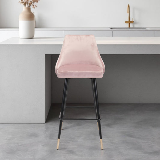 30" Pink And Black Velvet And Steel Bar Height Bar Chair-1