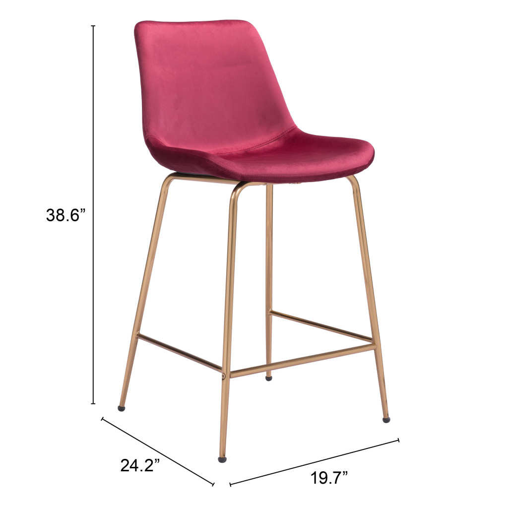 26" Red And Copper Velvet And Steel Low Back Counter Height Bar Chair-7