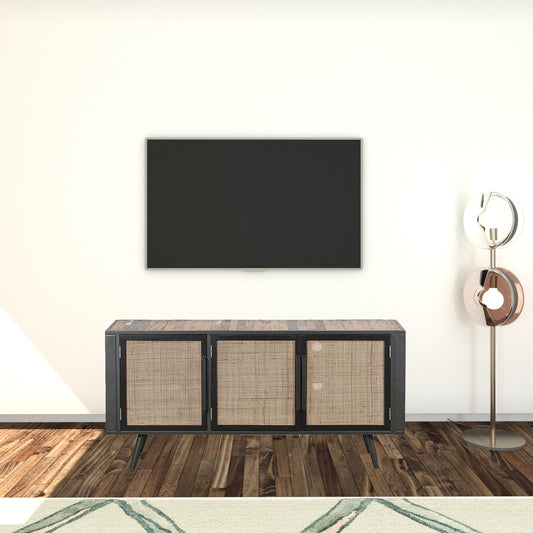 Rustic Black Natural and Rattan Media Cabinet with Three Doors-1