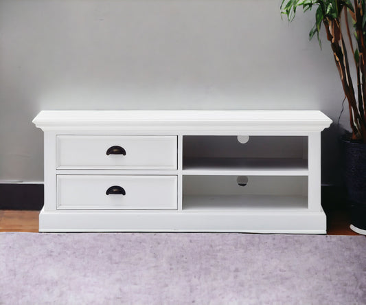 47" White Solid Wood Drawers and Open Shelving Entertainment Center-1
