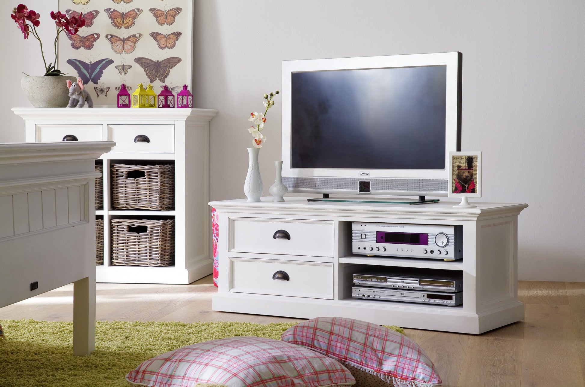 47" White Solid Wood Drawers and Open Shelving Entertainment Center-8