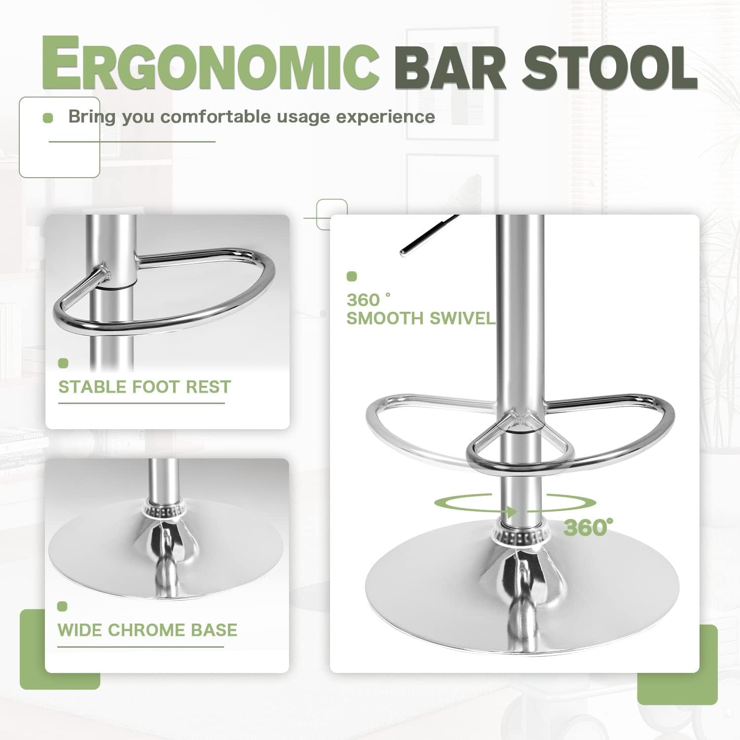 Bar Stools Modern Pu Leather Swivel Adjustable Hydraulic Bar Stool Square Counter Height Stool Set of 2 (Gray)-4