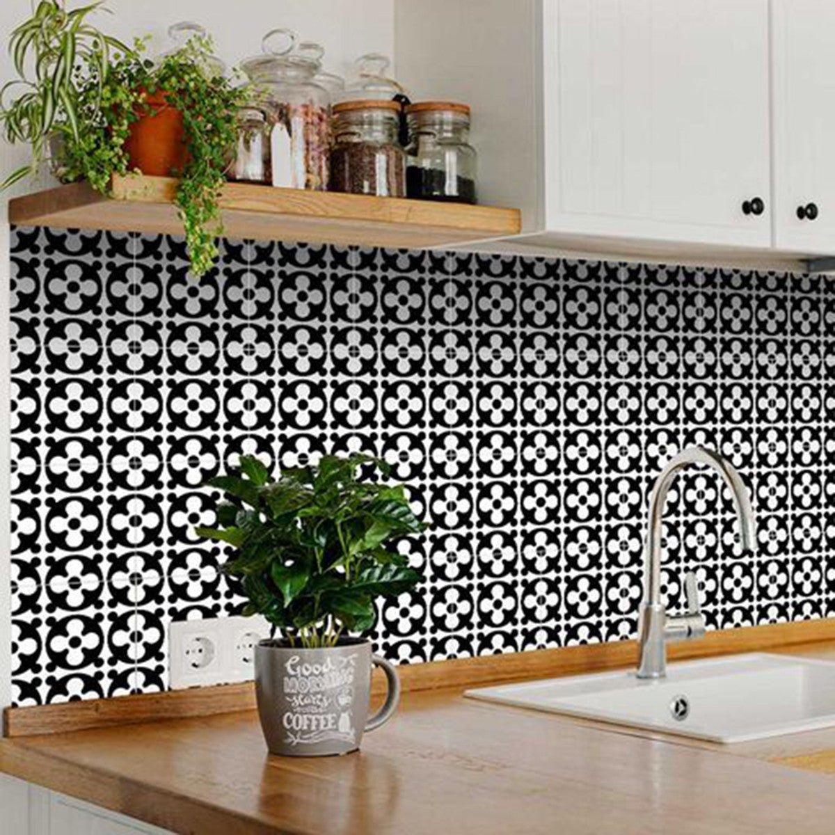 7" X 7" Black and White Medeci Peel and Stick Removable Tiles-4