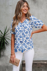 Grace Geometric Tassel Drawstring V Neck Blouse