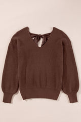 Bow Back Lantern Sleeve V-Neck Sweater