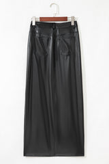 Solid Faux Leather Side Slit Maxi Skirt