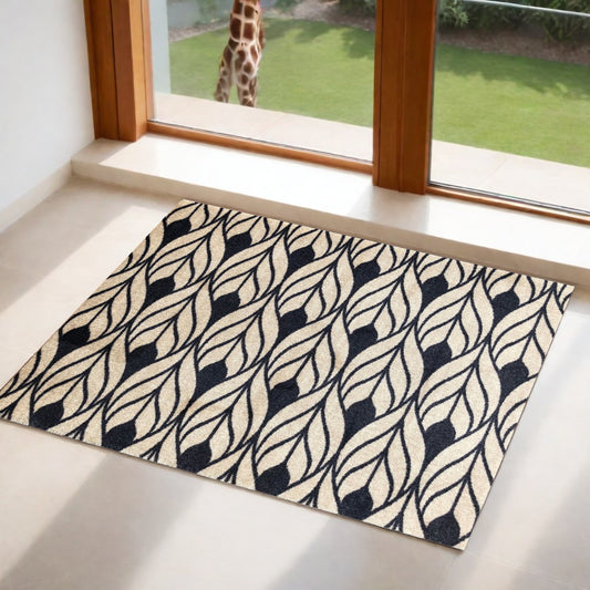 2' X 3' Graphite and Tan Abstract Leaves Washable Floor Mat-1