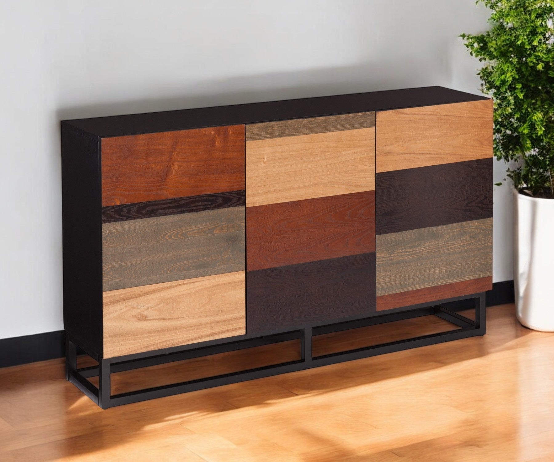 52" Brown Gray And Black Patch Three Door Sideboard Cabinet-1