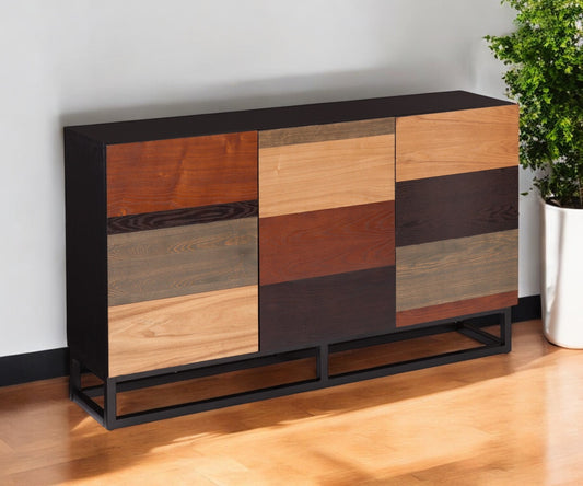 52" Brown Gray And Black Patch Three Door Sideboard Cabinet-1