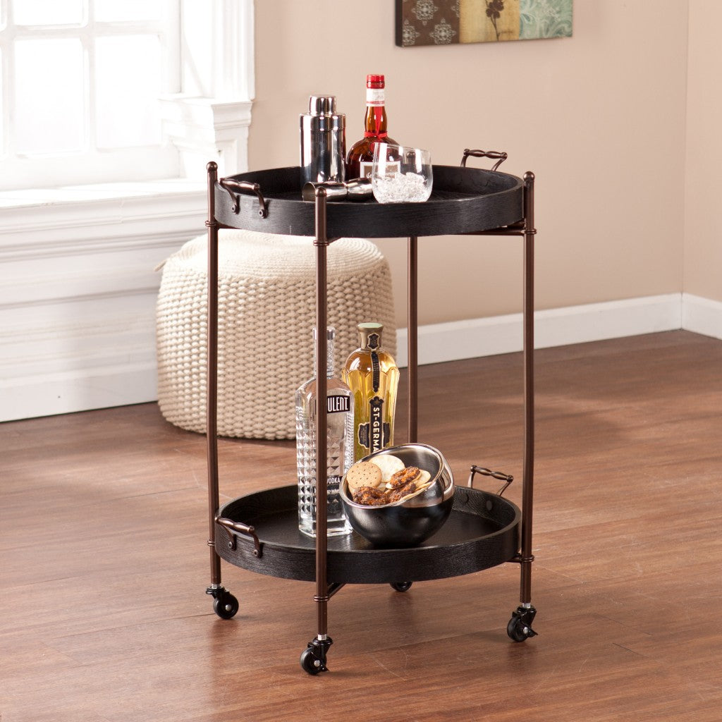 21" Black And Bronze Wood And Iron Round Rolling Bar Cart-4