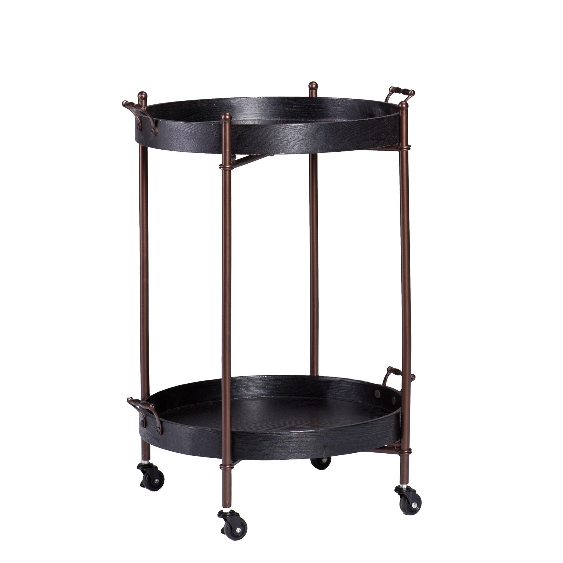 21" Black And Bronze Wood And Iron Round Rolling Bar Cart-1