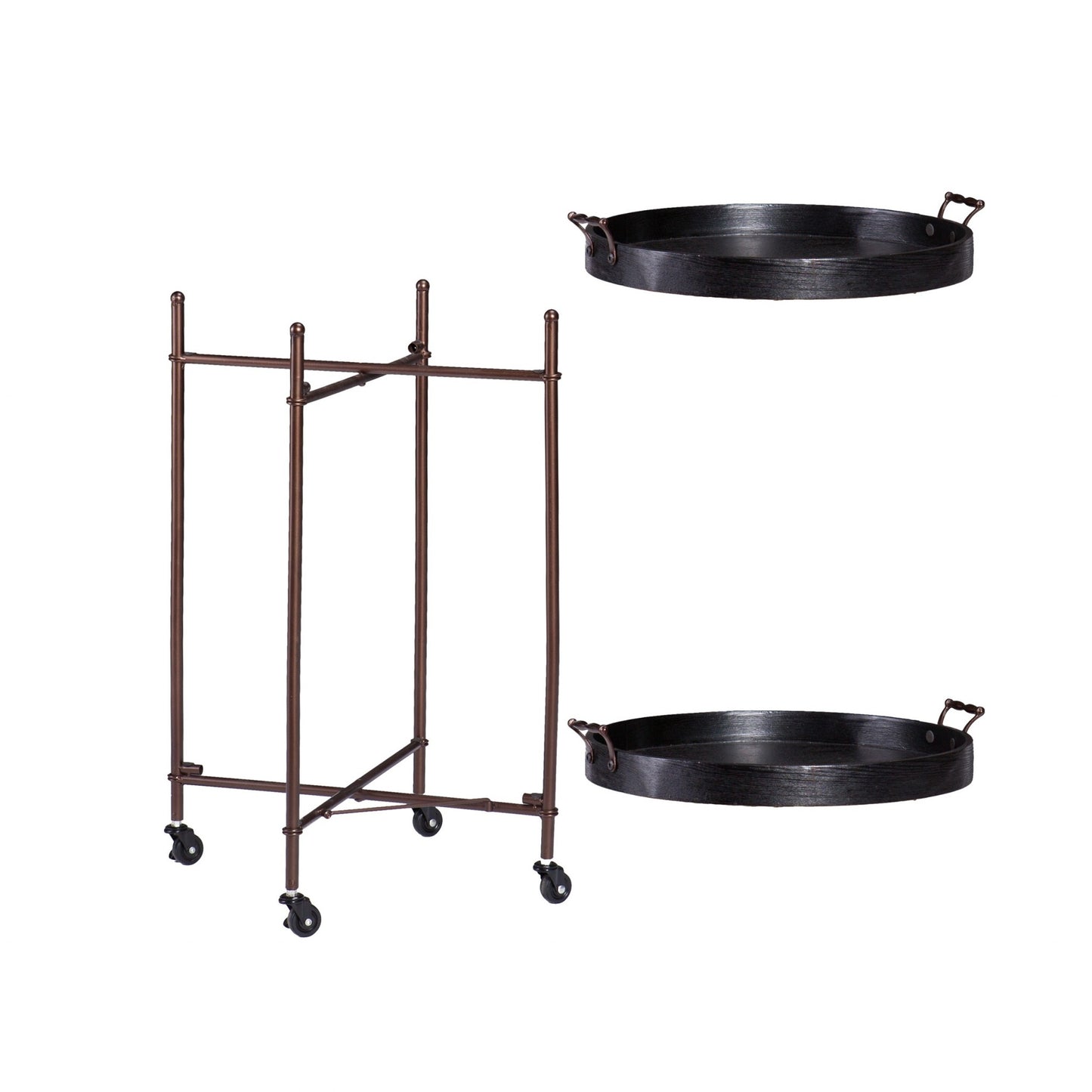 21" Black And Bronze Wood And Iron Round Rolling Bar Cart-2
