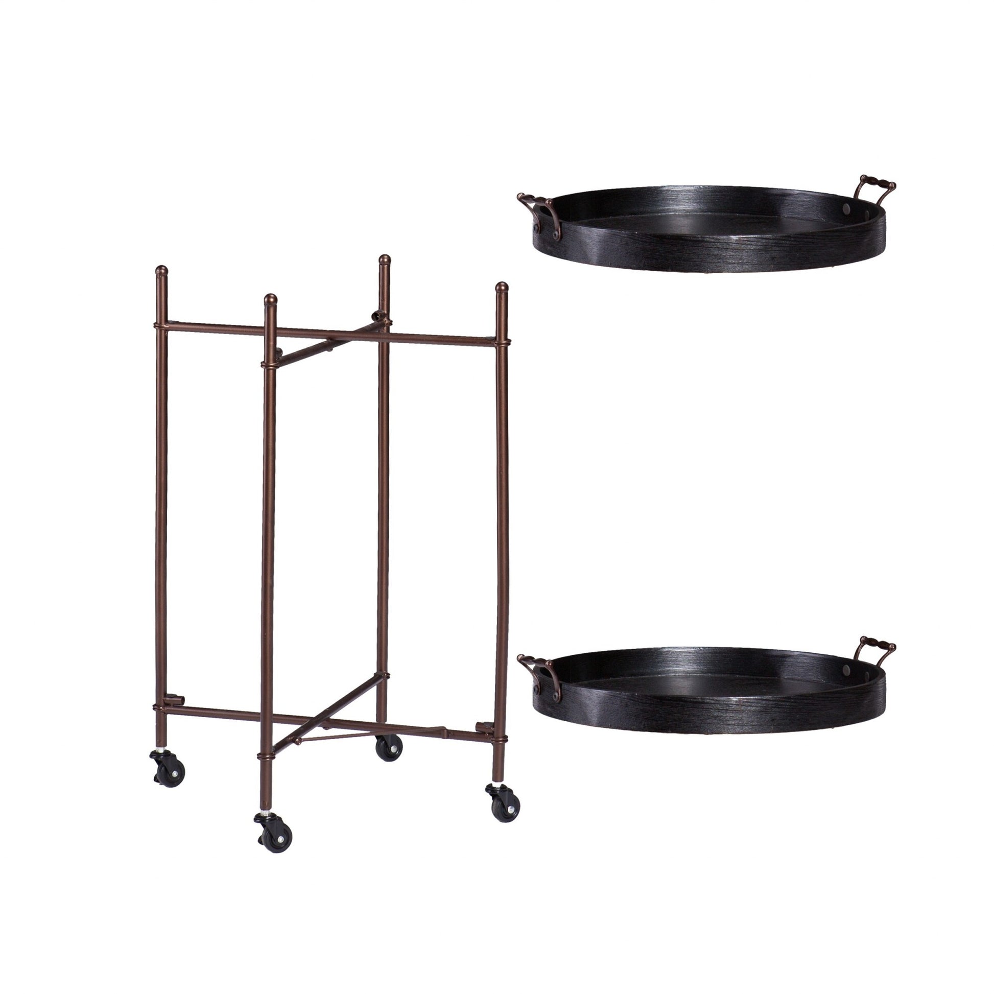 21" Black And Bronze Wood And Iron Round Rolling Bar Cart-2