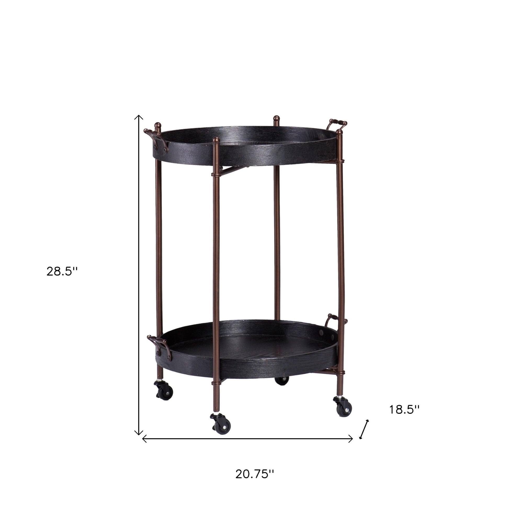 21" Black And Bronze Wood And Iron Round Rolling Bar Cart-5