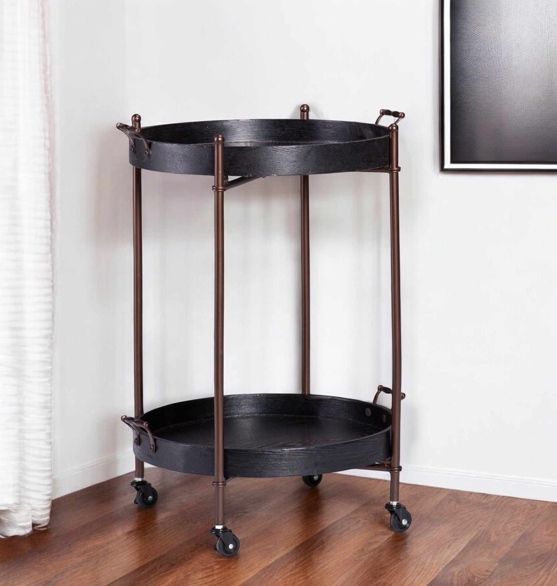 21" Black And Bronze Wood And Iron Round Rolling Bar Cart-0