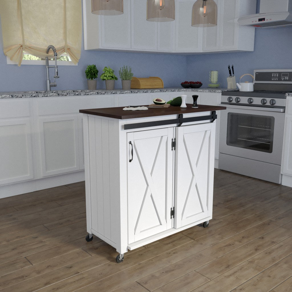 35" Dark Brown and White Wood Rolling Kitchen Cart-4