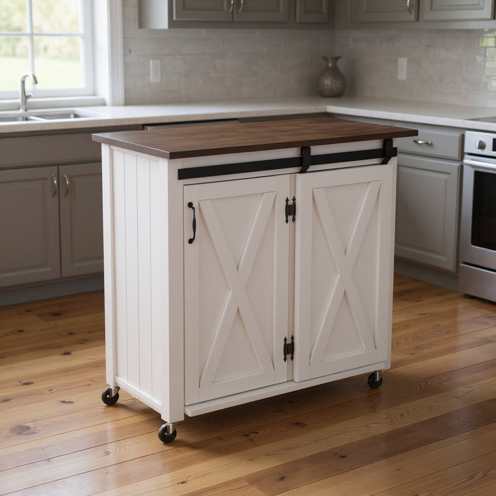 35" Dark Brown and White Wood Rolling Kitchen Cart-0