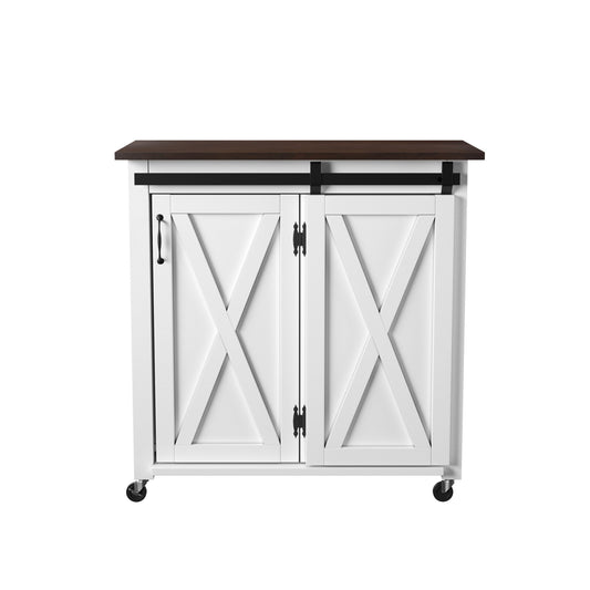 35" Dark Brown and White Wood Rolling Kitchen Cart-1