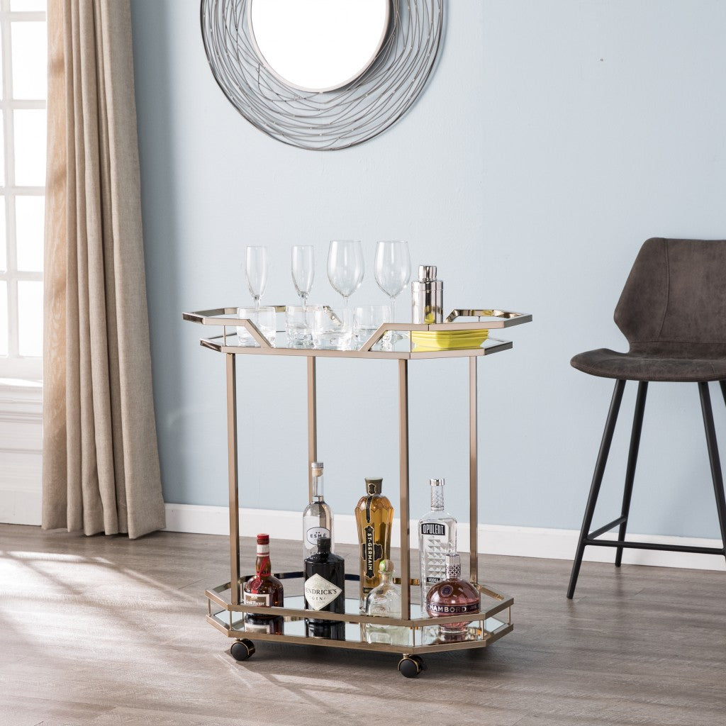 31" Champagne Iron and Mirrored Glass Octagonal Rolling Bar Cart-7