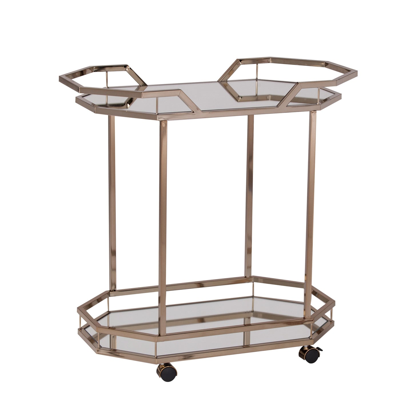 31" Champagne Iron and Mirrored Glass Octagonal Rolling Bar Cart-5
