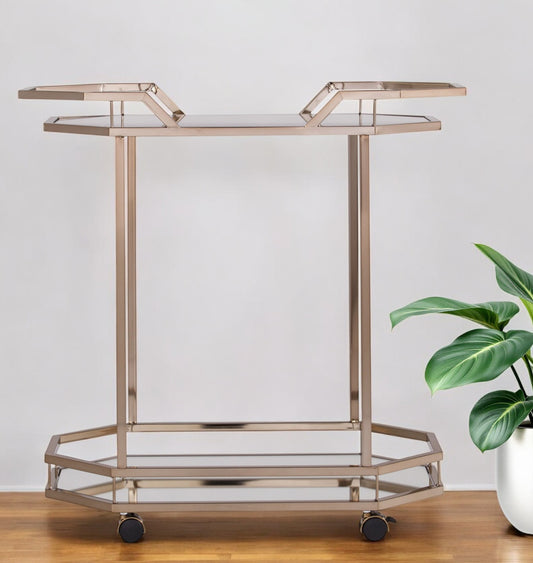 31" Champagne Iron and Mirrored Glass Octagonal Rolling Bar Cart-0