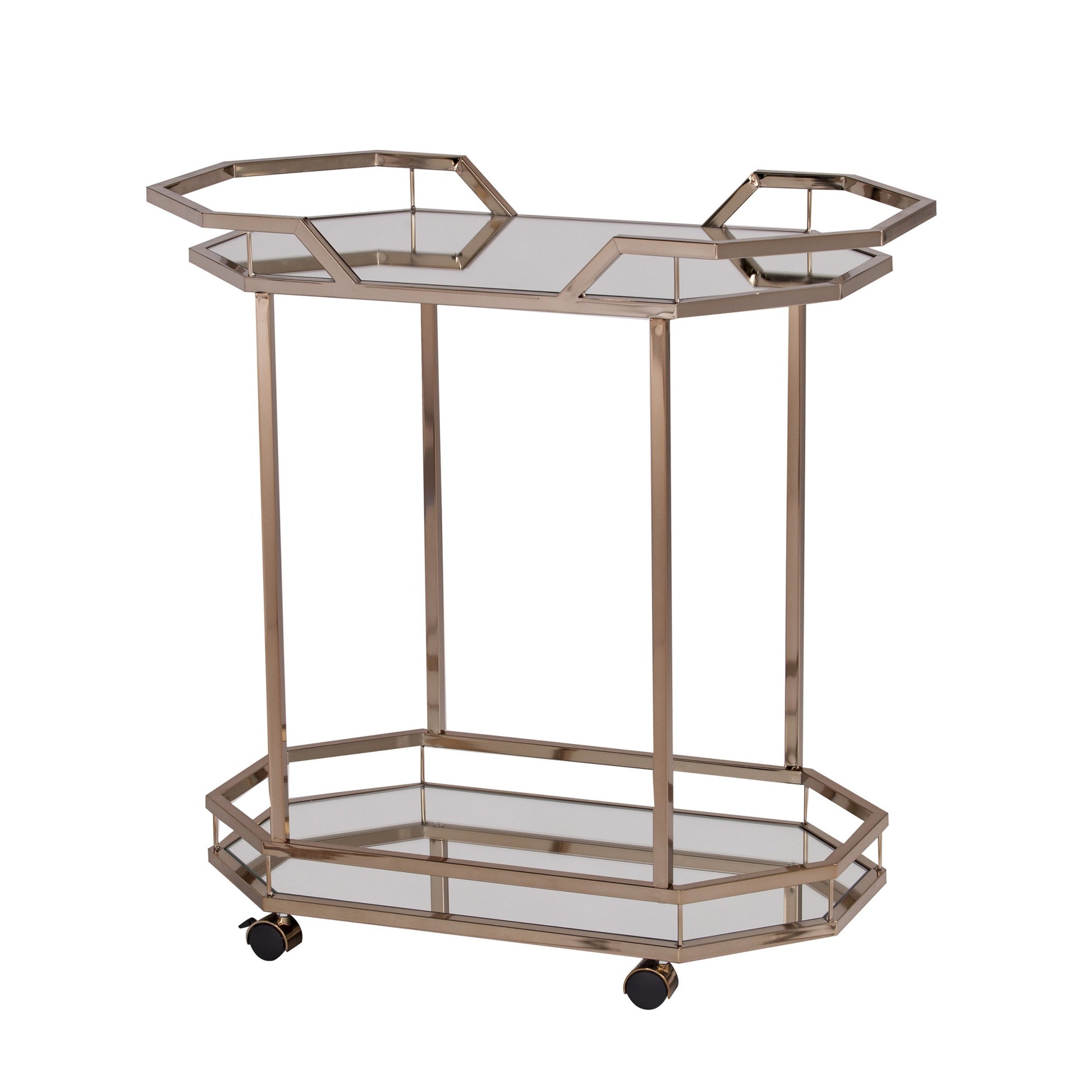 31" Champagne Iron and Mirrored Glass Octagonal Rolling Bar Cart-2