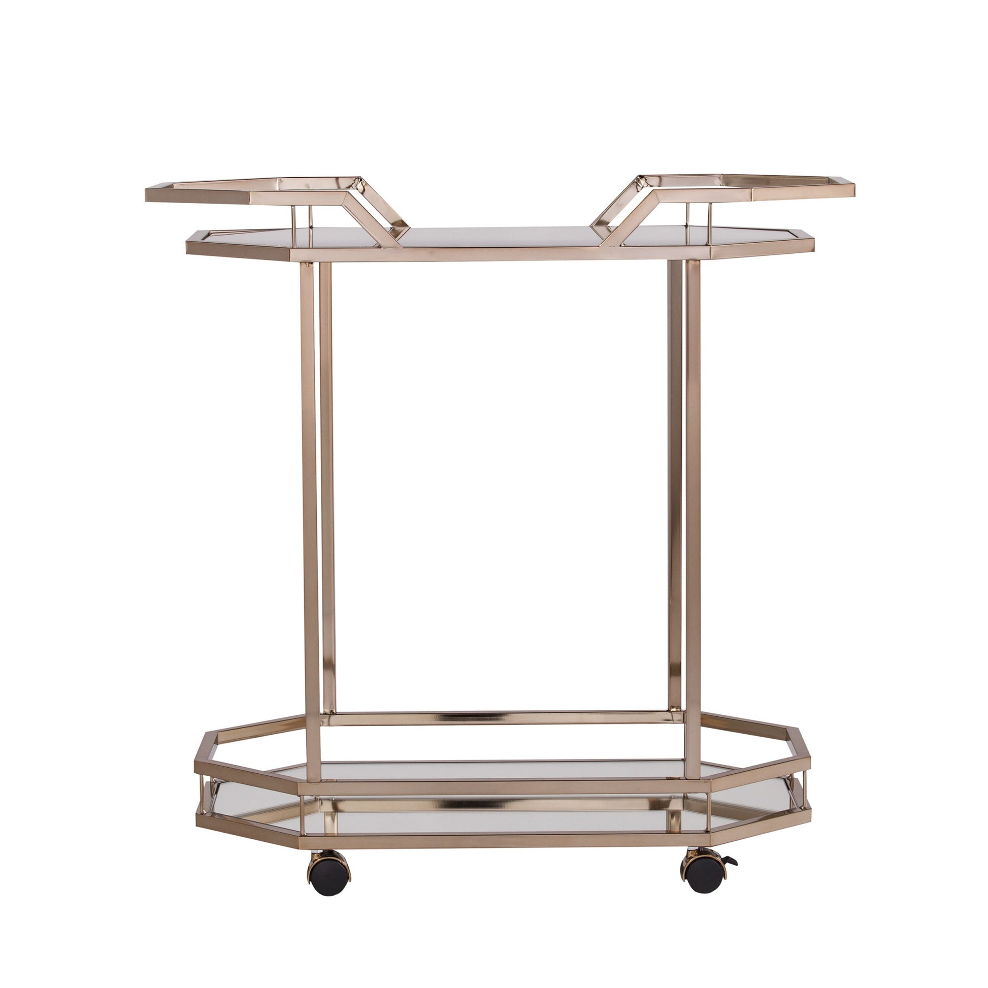 31" Champagne Iron and Mirrored Glass Octagonal Rolling Bar Cart-1