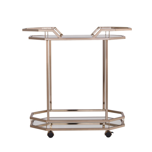 31" Champagne Iron and Mirrored Glass Octagonal Rolling Bar Cart-1