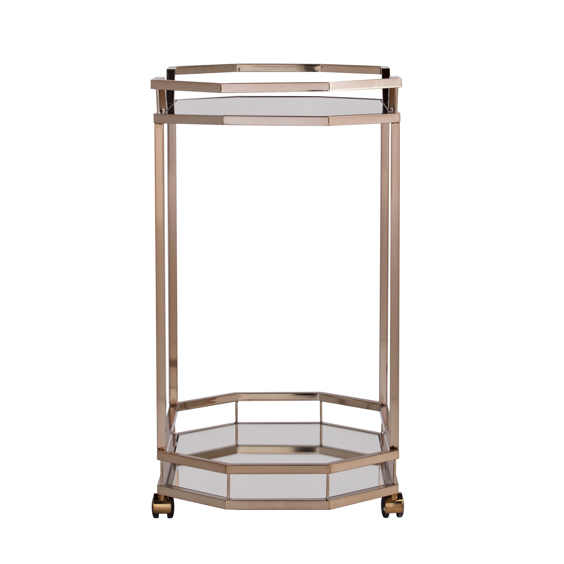 31" Champagne Iron and Mirrored Glass Octagonal Rolling Bar Cart-4