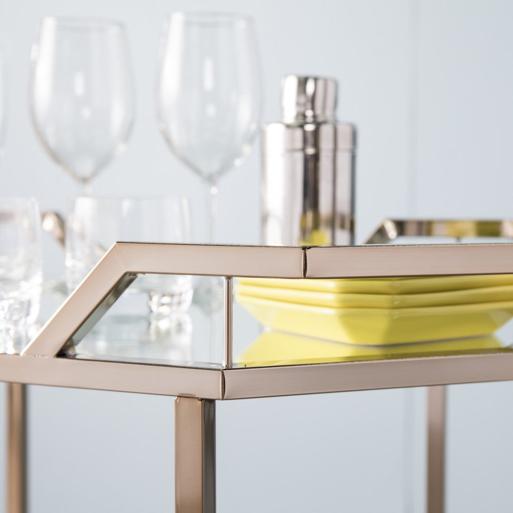 31" Champagne Iron and Mirrored Glass Octagonal Rolling Bar Cart-6