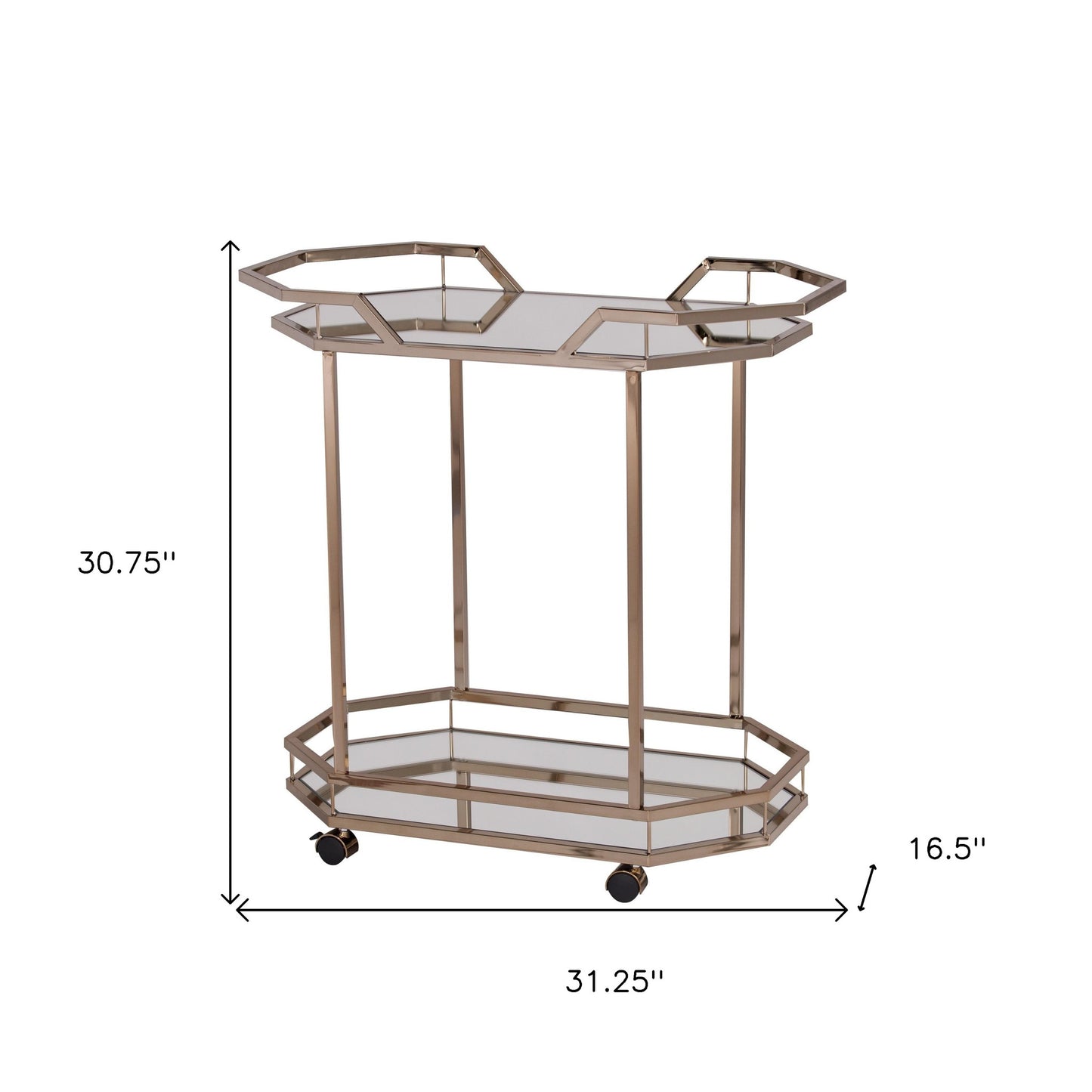 31" Champagne Iron and Mirrored Glass Octagonal Rolling Bar Cart-8