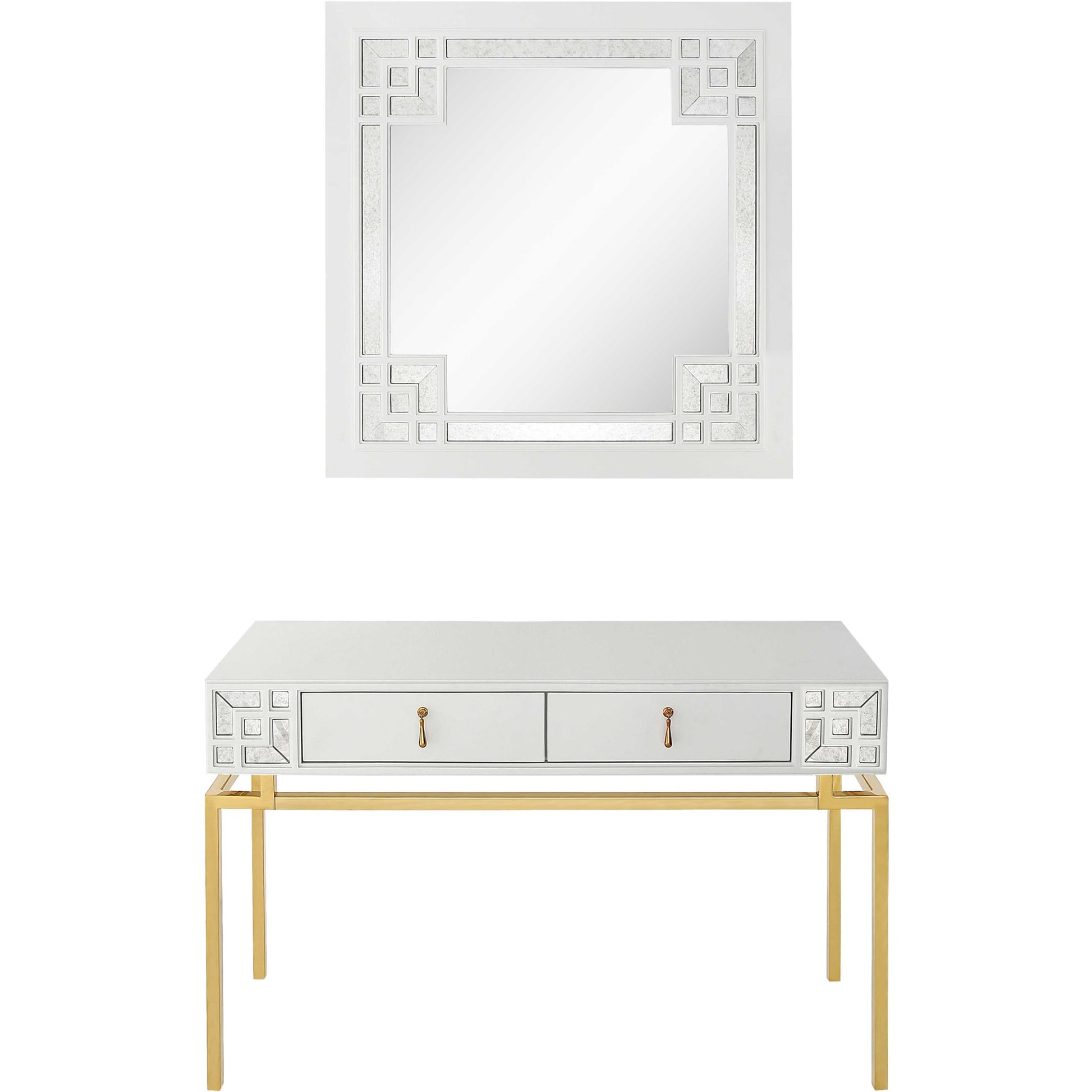 47" White and Gold Mirrored Wood Console Table With Two Drawers-1