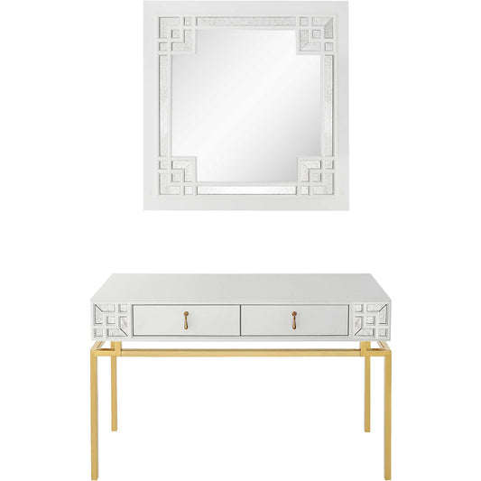 47" White and Gold Mirrored Wood Console Table With Two Drawers-1