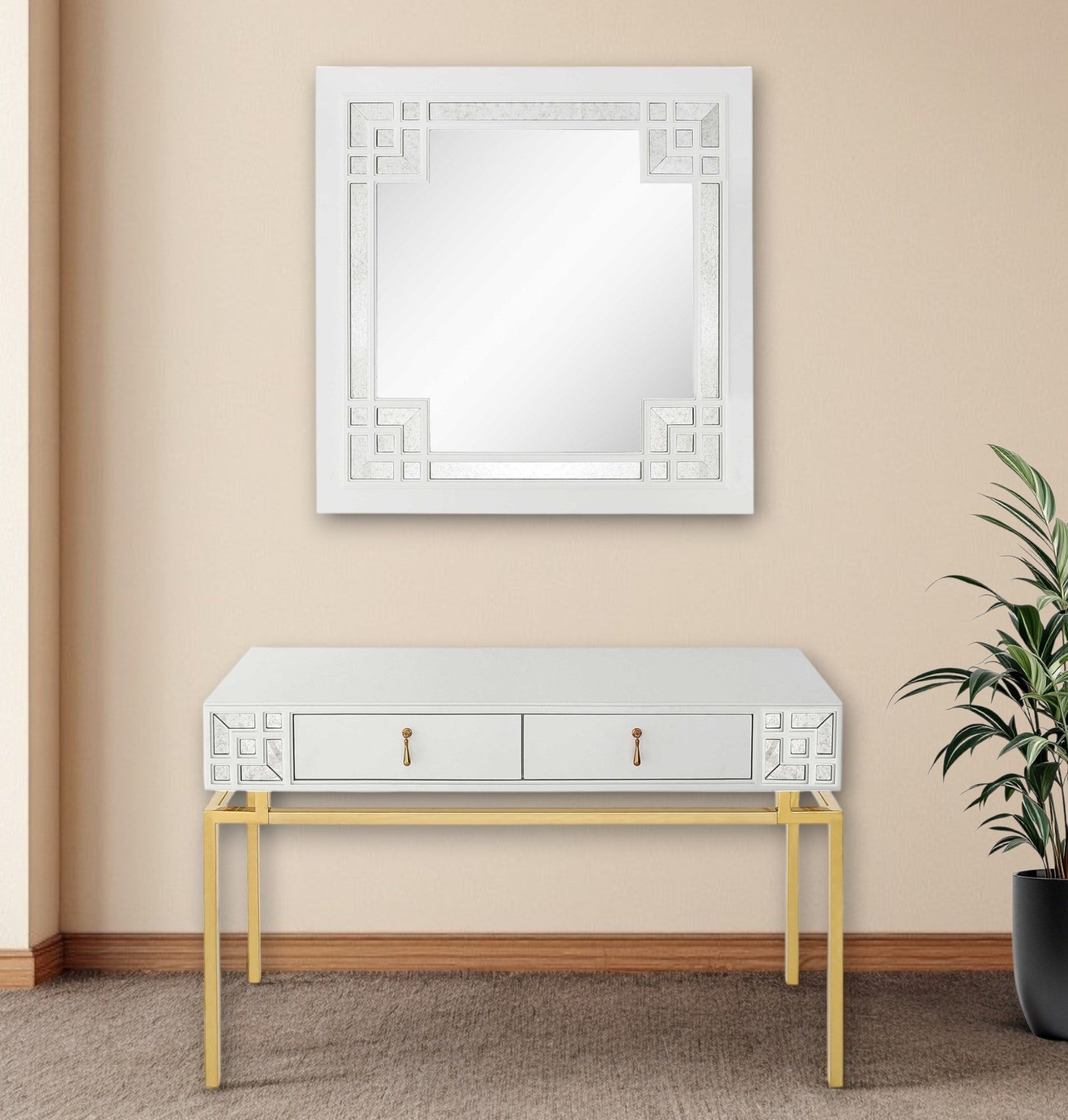 47" White and Gold Mirrored Wood Console Table With Two Drawers-0