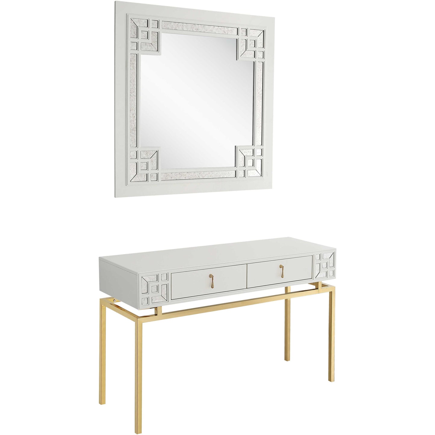 47" White and Gold Mirrored Wood Console Table With Two Drawers-2
