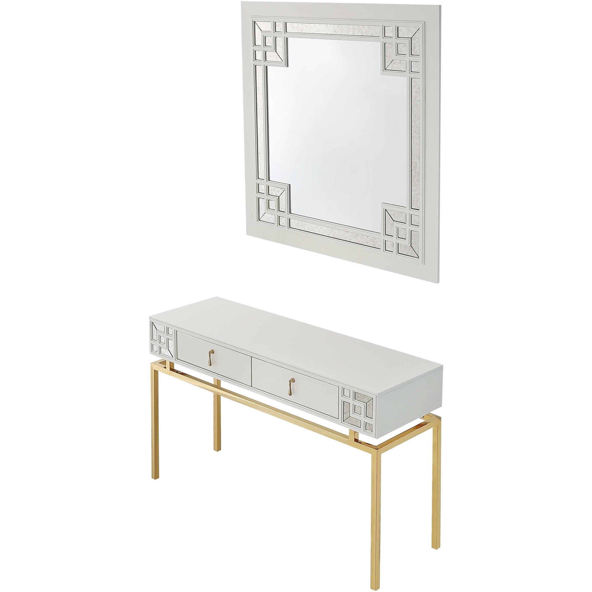 47" White and Gold Mirrored Wood Console Table With Two Drawers-3