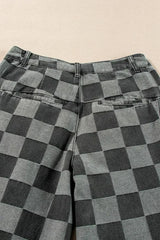 Dusk Blue Checkered Light Washed Wide Leg Jeans