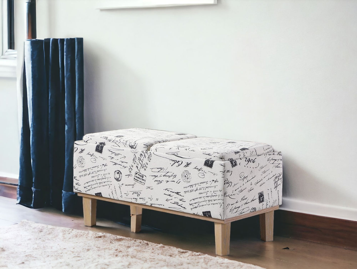 17" Black and White and Natural Upholstered Polyester Bench with Flip top-1