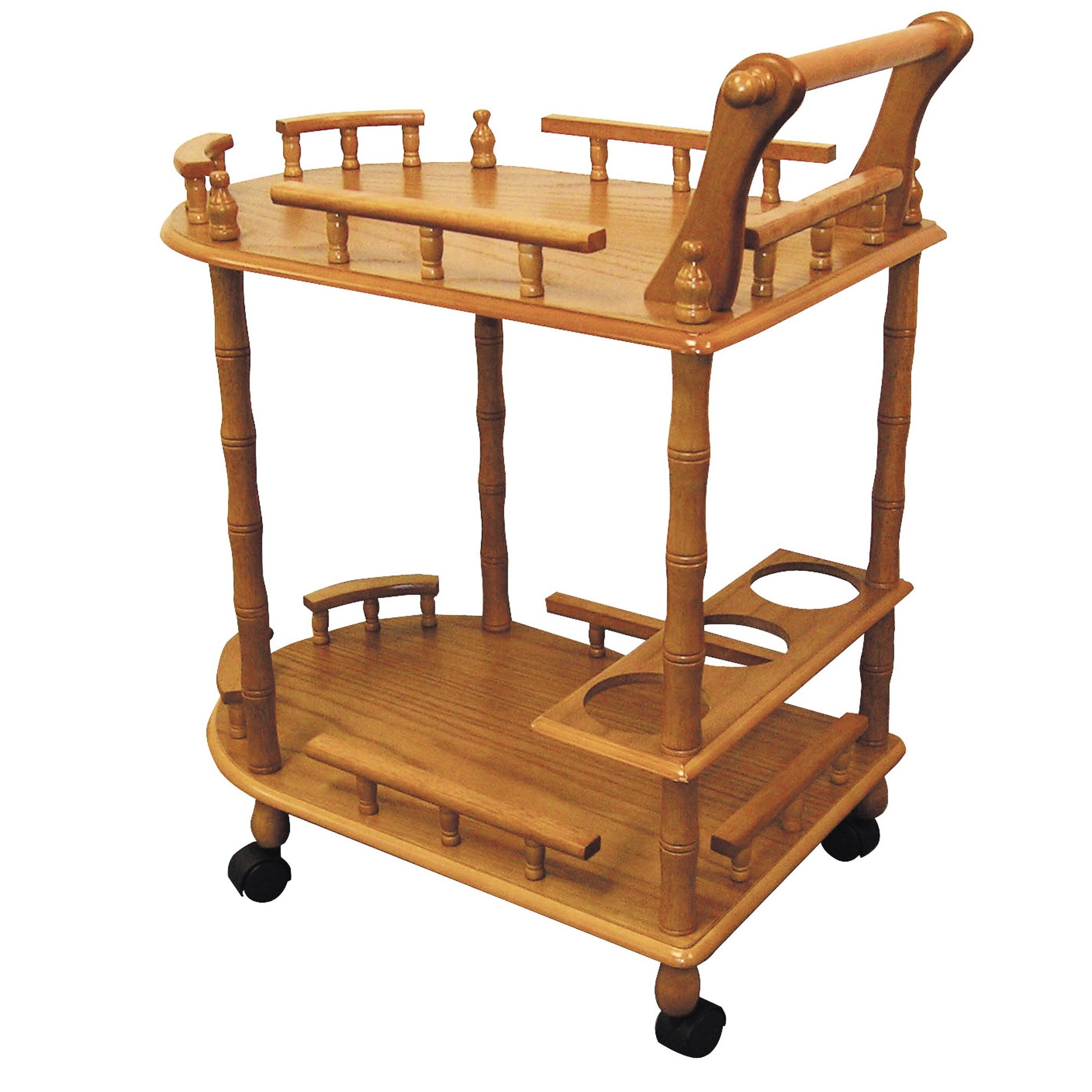 24" Oak Wood Rolling Bar Cart With Wine Storage-2