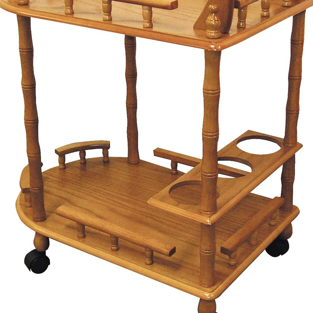 24" Oak Wood Rolling Bar Cart With Wine Storage-3