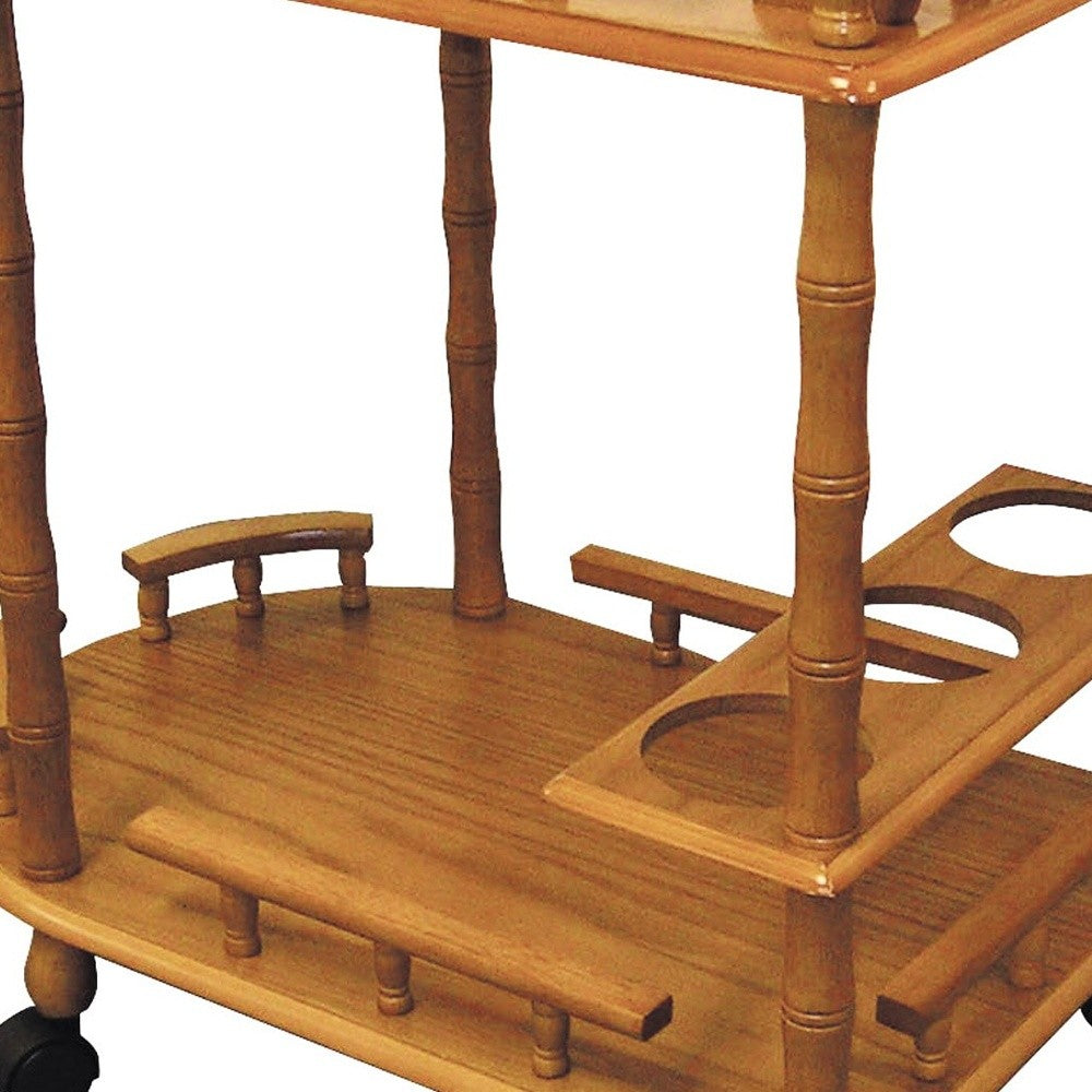 24" Oak Wood Rolling Bar Cart With Wine Storage-4