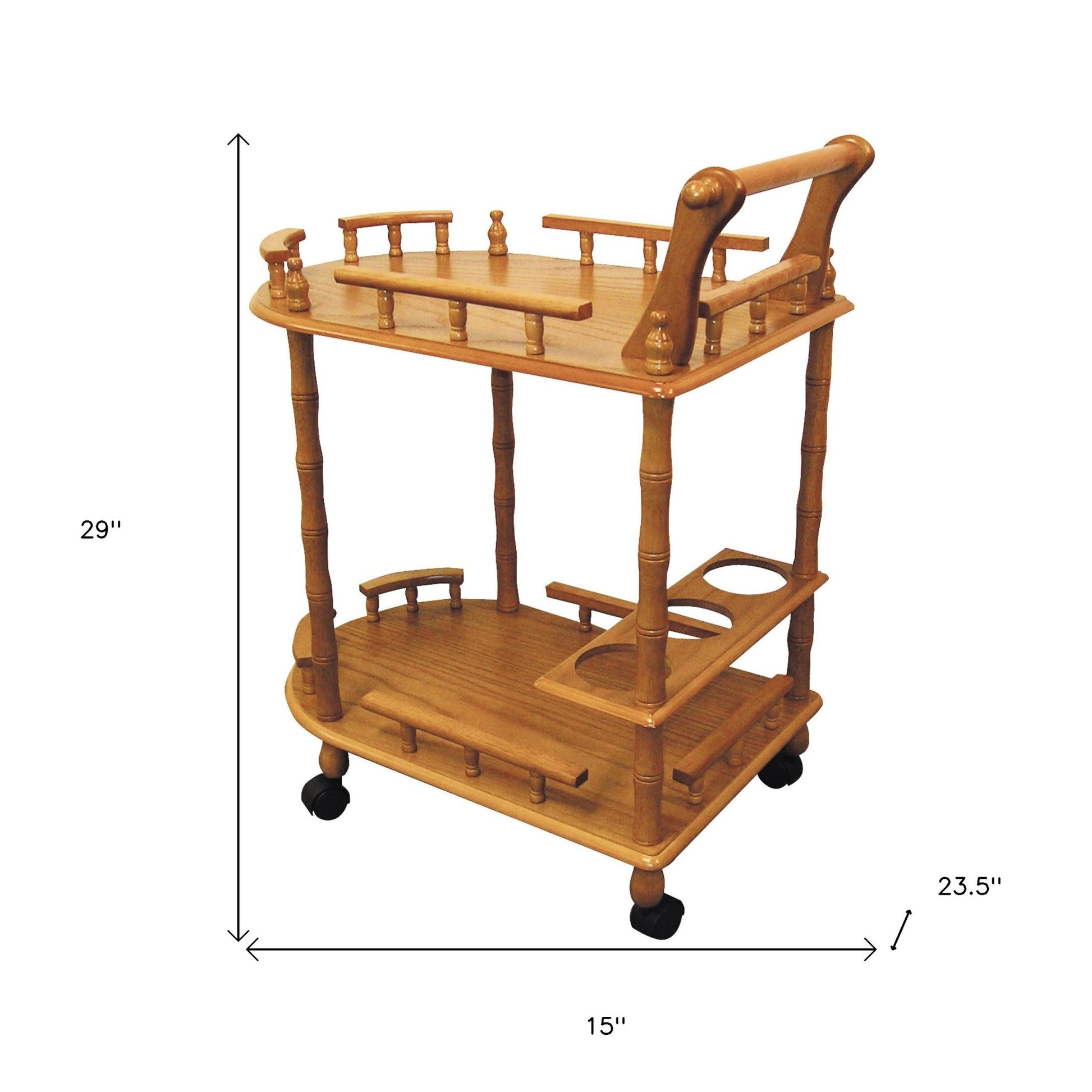 24" Oak Wood Rolling Bar Cart With Wine Storage-5