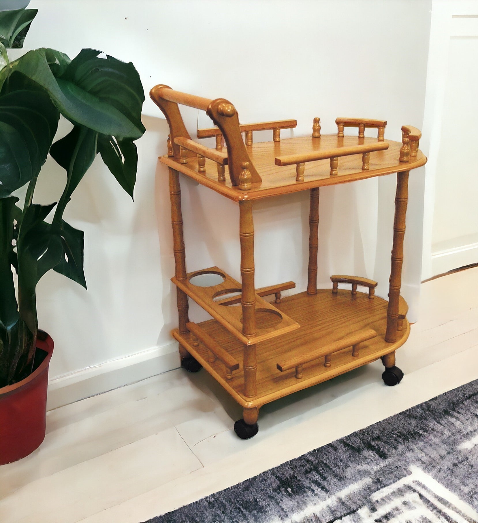 24" Oak Wood Rolling Bar Cart With Wine Storage-0
