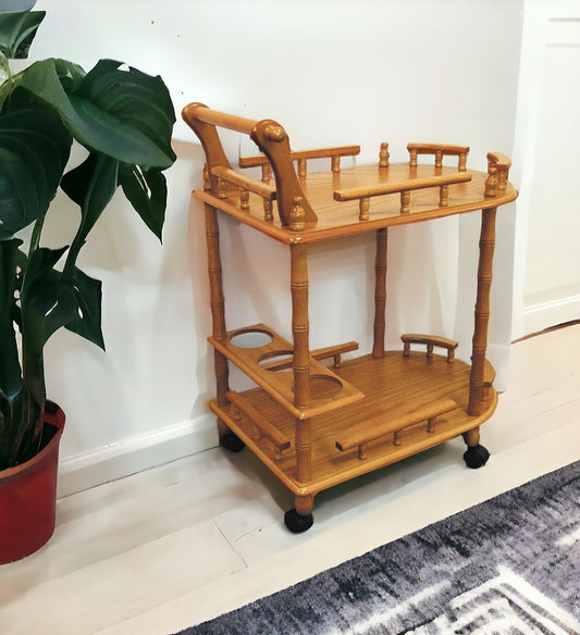 24" Oak Wood Rolling Bar Cart With Wine Storage-0