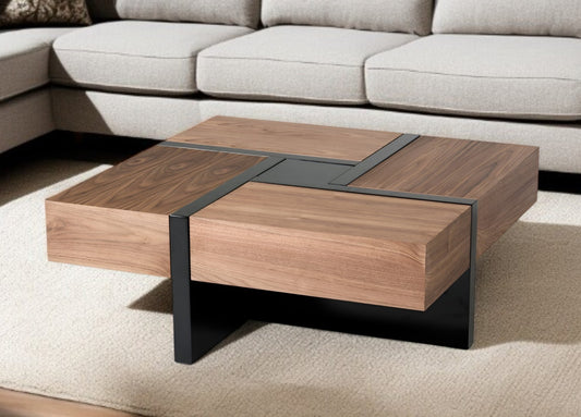 39" Brown and Black Wood Square Solid Coffee Table With Four Drawers-0