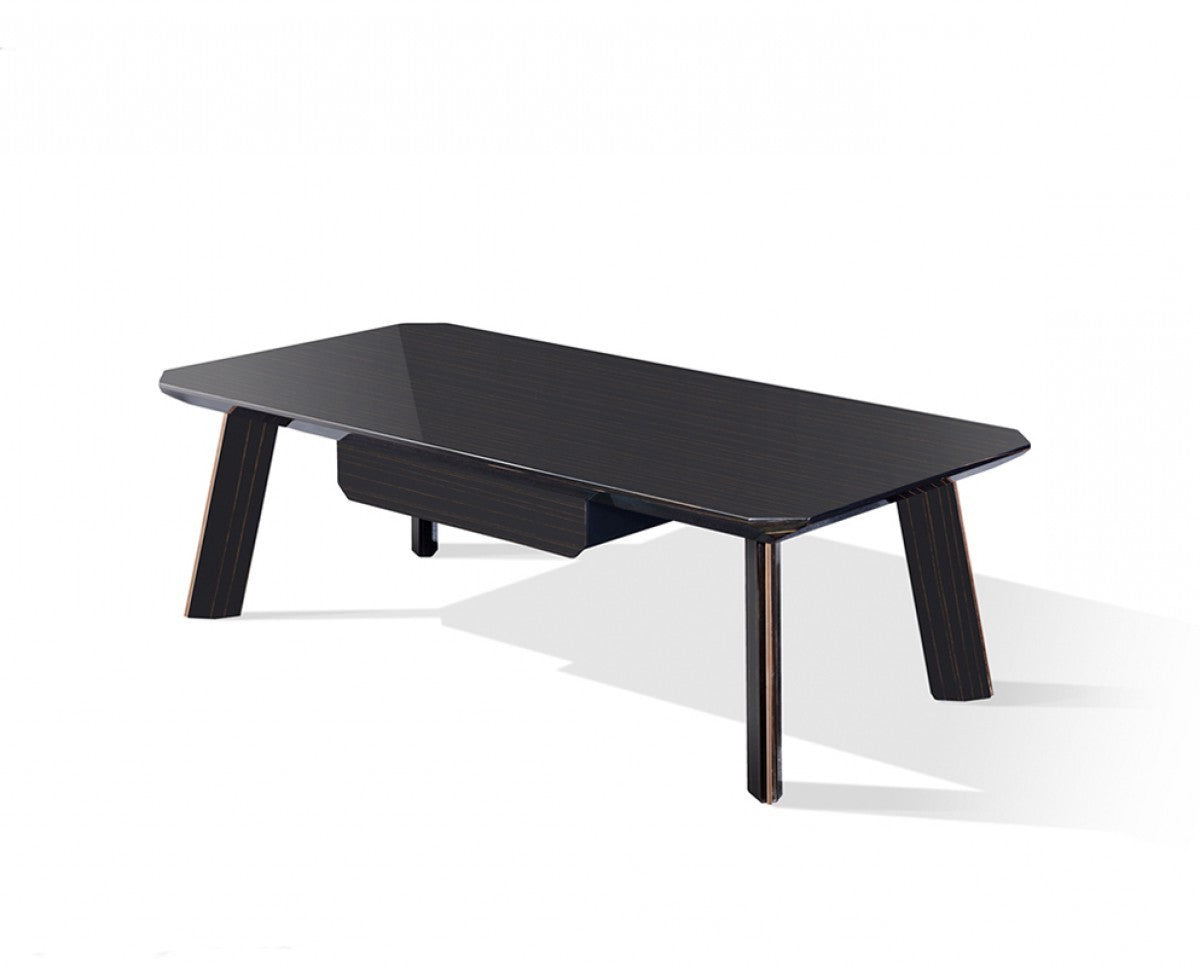 55" Ebony and Dark Brown Wood And Stainless Steel Coffee Table With Drawer-0