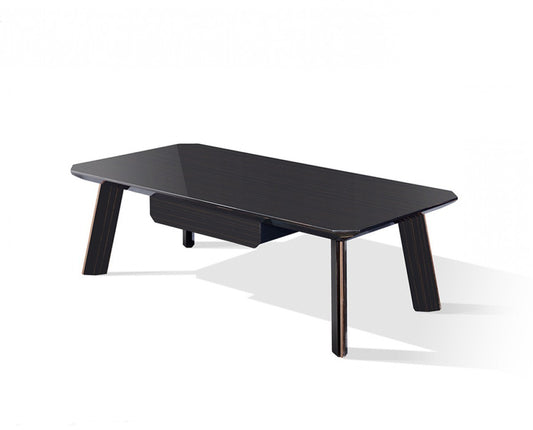 55" Ebony and Dark Brown Wood And Stainless Steel Coffee Table With Drawer-0